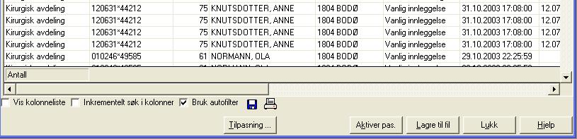 En kan foreta enkle utregninger i alle tallkolonner ved å sette på autofilter (klikke i ruten til venstre for teksten Bruk autofilter ).