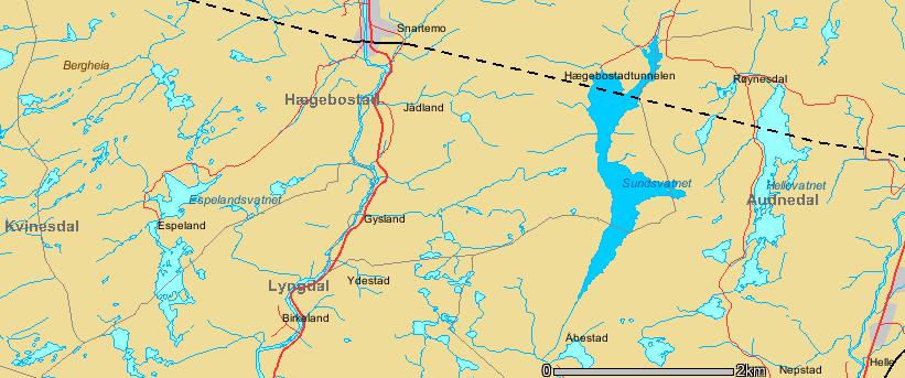 Vassdragsavsnittene i Kvina (øverst) og Lygna (nederst) der kalkdoserer er plassert. ph nedstrøms måles ved hhv. Oksestein bru og Birkeland. Kartgrunnlaget er fra NVE-Atlas.