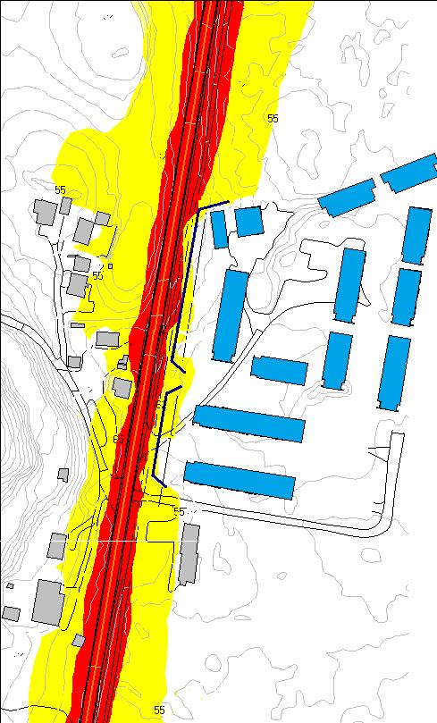 Utendørs lydnivå: Kart 2 viser støynivået på uteområder på bakkenivå. Som det fremgår må det utarbeides skjermingstiltak for å skjerme uteområdene som ligger i rød og gul støysone.