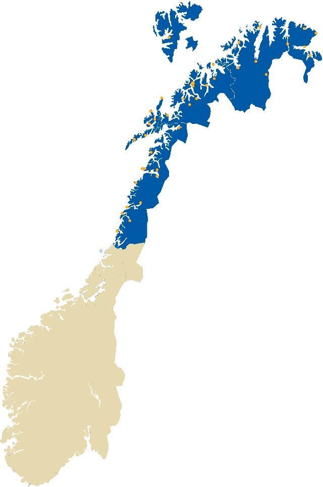 Fakta om Nord-Norge 34,9% av Norges areal 3 fylker, 87 kommuner Nordland: 242 866 innbyggere