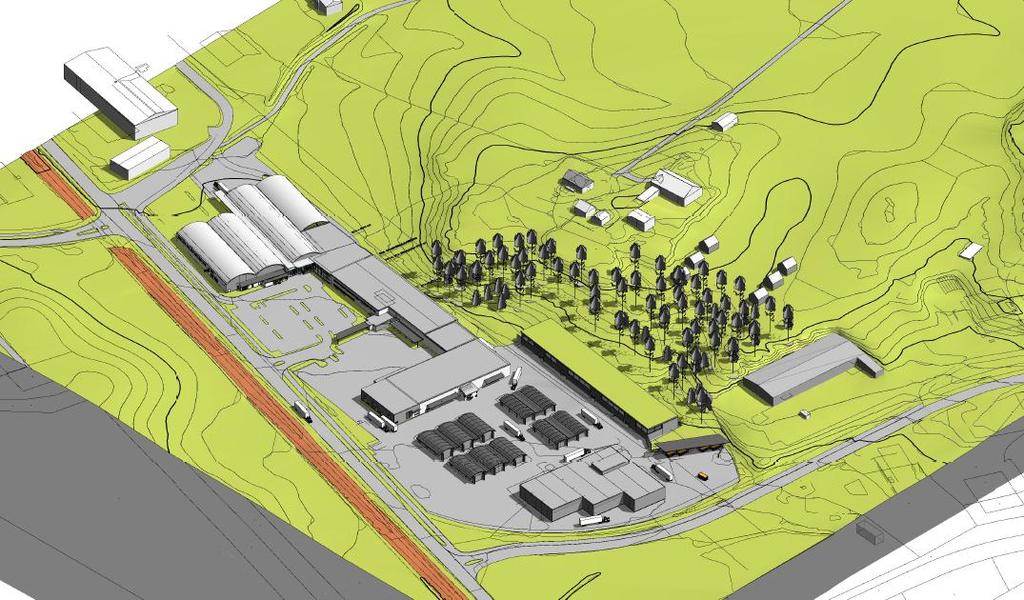 3 Figur 1 Illustrasjon av ny bebyggelse (rød sirkel) og vegetasjonsskjerm Byggeområde industri / lager Planforslaget åpner for oppføring av et 10 m høyt bygg med en grunnflate på ca. 4000 4500 m2.