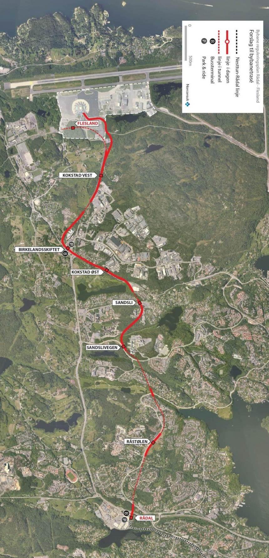 1. INFORMASJON 1.1 Om prosjektet Bybanen mellom Bergen sentrum og Bergen lufthavn omfatter ca 20 km dobbeltsporet trasé mellom Bergen sentrum i nord og Bergen lufthavn, Flesland i sør.
