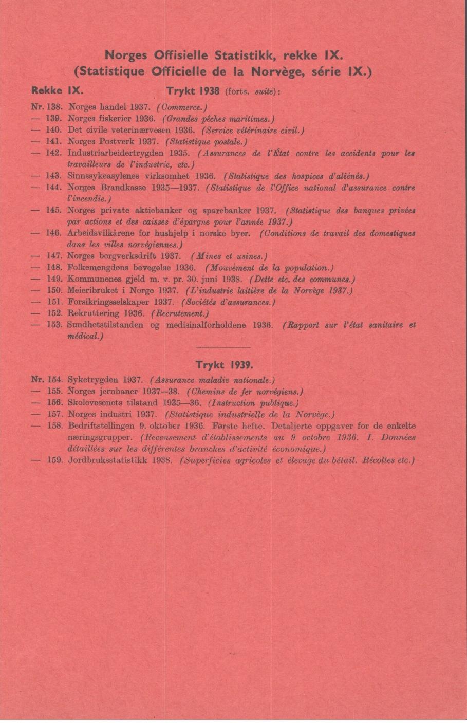 Norges Offisielle Statistikk, rekke IX. (Statistique Officielle de la Norvége, série IX.) Rekke IX. Trykt 1938 (forts. suite): Nr. 138. Norges handel 1937. (Commerce.) - 139. Norges fiskerier 1936.
