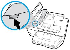 2. Løft tappen som sitter på den fremre kanten av dokumentmateren. 3. Trekk det fastkjørte papiret forsiktig ut av valsene.