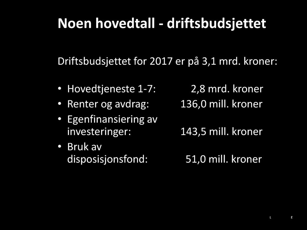 Noen hovedtall - driftsbudsjettet Driftsbudsjettet for 2017 er på 3,1 mrd.