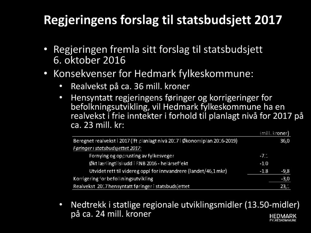 Regjeringens forslag til statsbudsjett 2017 Regjeringen fremla sitt forslag til statsbudsjett 6. oktober 2016 Konsekvenser for Hedmark fylkeskommune: Realvekst på ca. 36 mill.