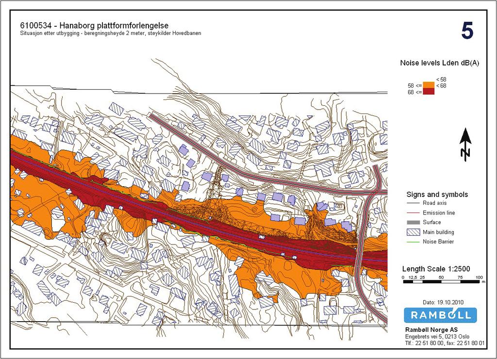 STØYBEREGNING 13 (16) 5.1.3 Støyskjerm Figur 6 Støysonekart for prognose i 2020 uten støyskjerm og uten veitrafikk.