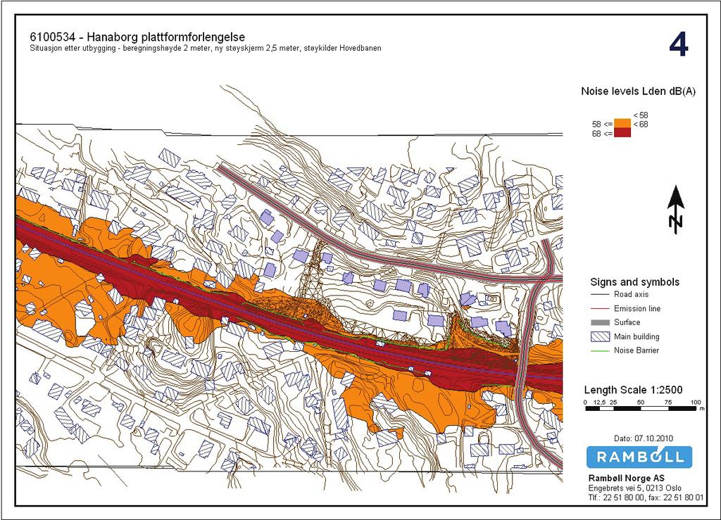 14 (16) STØYBEREGNING 5.1.4 Prognose uten veitrafikk Figur 7 Støysonekart for prognose i 2020 med støyskjerm uten veitrafikk.