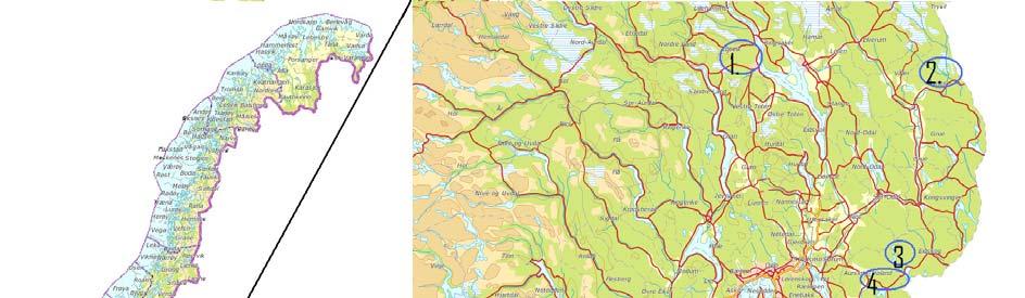 Jeg samlet inn data fra 11 områder i Sørøst Norge i juli og august 2008 (Fig. 1)(Tab. 1). Figur 1. Kart over studieområde. 1. Gjøvik 2. Finnskogen 3. Aurskog Nord 4. Aurskog Vest 5. Rakkestad Nord 6.