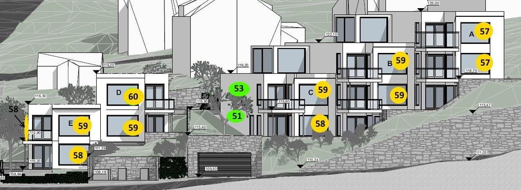 Beregningspunktene er plassert på bygningsfasadene til den nye bebyggelsen i de fleste etasjehøyder, som angitt figur 7-9.