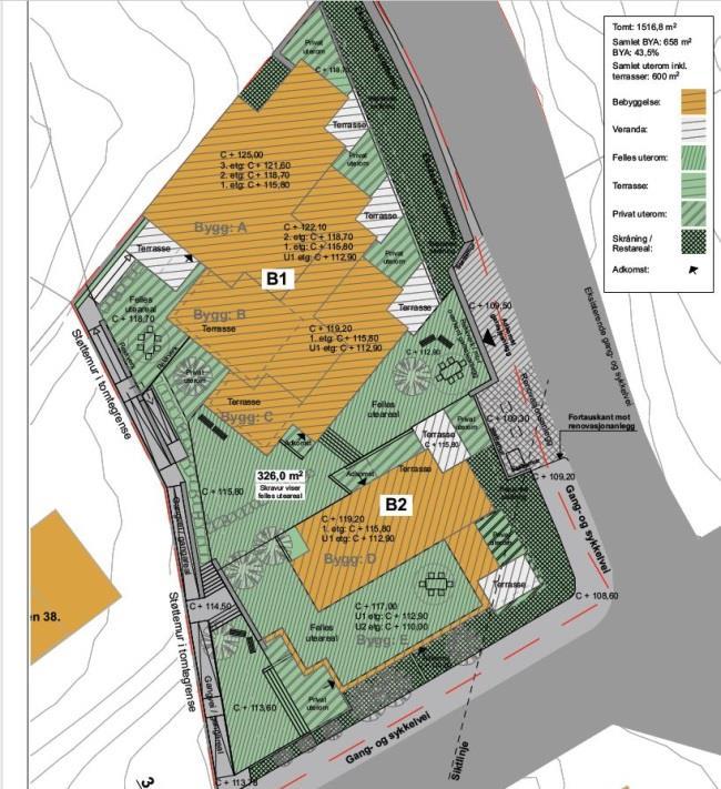 Denne revisjonen omfatter en vurdering av ny plassering av bygg D og vurdering av takterrasse på bygg E samt felles uteoppholdsareal mot Møllebakken.