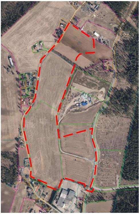 Figur 1: Grasmogrenda Næringspark felt N1, N2, N3 og N5 (t.v.) og planutkast med markering av planlagt grønnkorridor med jordvoll (t.h.). I forbindelse med planlagt næringsvirksomhet på området forventes det økt trafikkmengde på veiene i området.