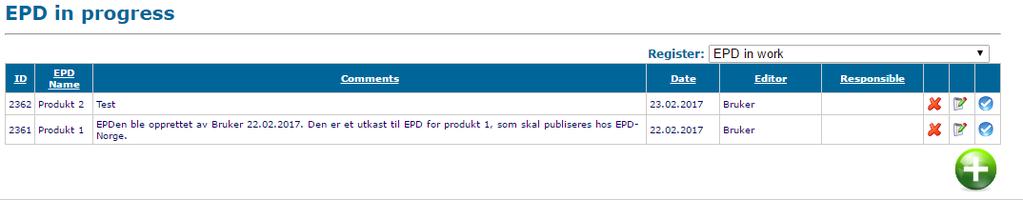 2.4 EPD-utvikling Verktøyet for EPD-utvikling er tilgjengelig via EPD ikonet. Det første brukeren ser er en tabell som viser bedriften sine EPDer under utvikling (EPD in progress).