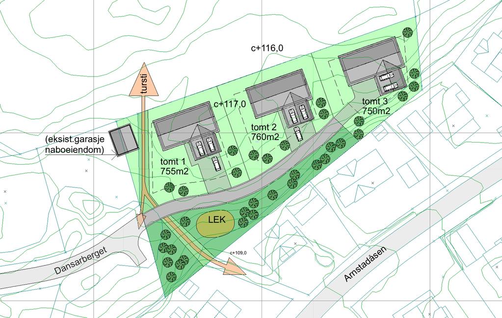 Illustrasjonsplan, datert 10.01.17 6.3 Bebyggelsens utforming Boligbebyggelse: Planområdet ligger på et høydedrag kalt Dansarberget.