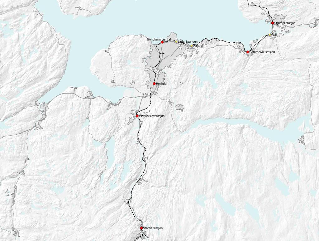 Styrking jernbanen 15 minutt frekvens tog Melhus - Stjørdal Knutepunktutvikling Fortetting og gode omstigningsmuligheter utpekte stasjonsområder o arbeidsplasser o handel o