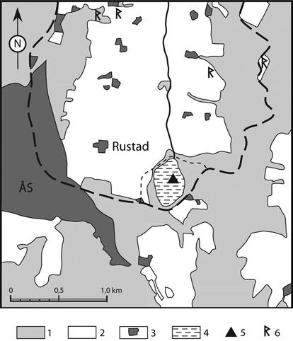 Holocen vegetasjonshistorie og utviklingen av en myr i søndre Akershus 1A 1B med nord-sørgående daldrag fylt av tykke marine avsetninger, og lave åsrygger med noe mindre løsmasser.