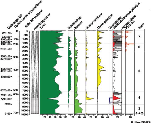 Holocen vegetasjonshistorie og utviklingen av en myr i søndre Akershus 8 Figur 8. Forenklet pollendiagram med skogstrær, busker og forskjellige grupper av lyng, gras, halvgras og urter.