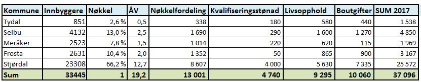 Oversikt som viser hvordan budsjettsummen per kommune er fordelt