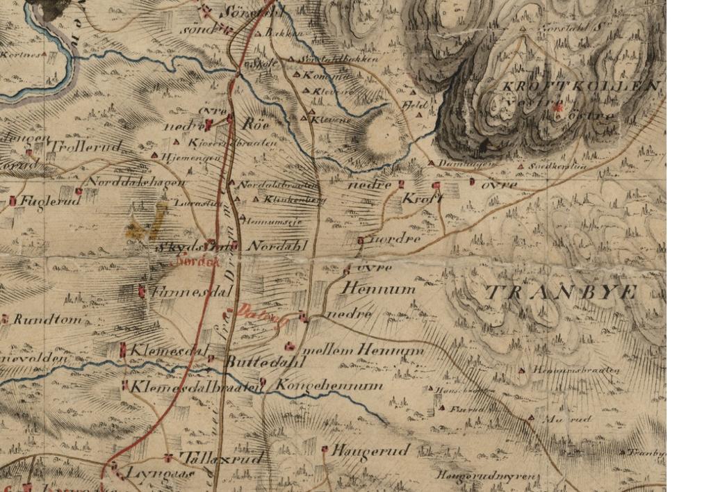 Figur 6: Utsnitt av kart fra 1826, kartet viser Hennum gårdene. 4. Gårdshistorie Gården Hennum øvre nordre (gnr 141) og Hennum nedre nordre (gnr 142) blir nevnt av O.