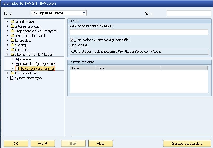 Velg «Alternativer for SAP Logon» og «Serverkonfigurasjonsfiler» og kopier og lim inn det du ser i