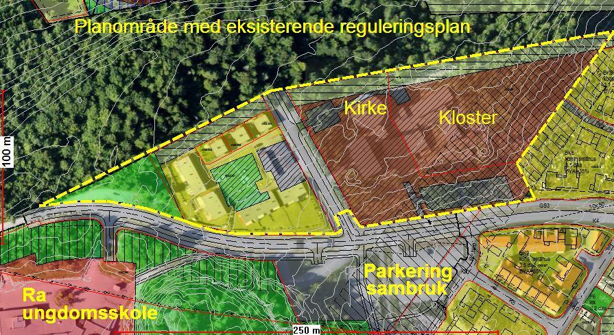 Ortofoto med gjeldende reguleringsplan. Her ser man at felles vei til parkeringsareal ligger over kirkebygg bla.