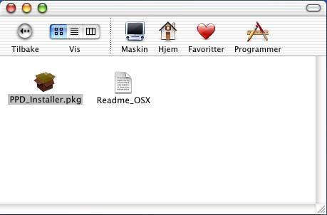 Macintosh-konfigurasjon (OS X v. 10/10.1/10.2) Installer PPD-filen som følger med skriveren. Sett CD-ROM-en inn i CD-ROM-stasjonen. Velg mappen Mac OS X. Dobbeltklikk på ikonet PPD_Installer.