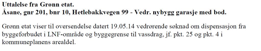 Dispensasjon: Tiltaket kommer i strid med kommuneplanen pkt. 25 vedrørende arealformål i LNF- områder og pkt. 4 vedrørende byggegrense langs vassdrag.