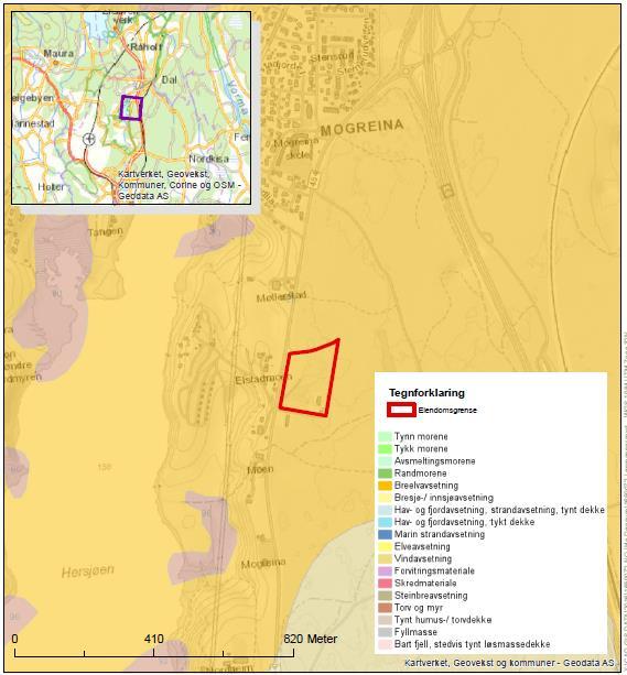 GEOTEKNISK DATARAPPORT DØNNUM, ULLENSAKER Figur 2: Utsnitt av kvartærgeologisk kart over området /1/. 4.2.1 Borpunkt 1 poseprøver I punkt 1 ble det tatt poseprøver fra to ulike nivåer.