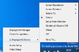 3. USB-dokkingstativ 3. Klikk på DisplayLink-ikonet. En meny med flere alternativer vises. Disse er vist og beskrevet nedenfor. \ Ytterligere støtte Gå til http://www.displaylink.