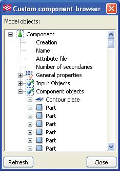 Figur 6.6 Component browser i Tekla I Tabell 6.3 er parametrene som ble brukt i denne oppgaven vist. De fleste av disse kan hentes fra dimensjoneringstabellene. En del av parametrene er profildata.