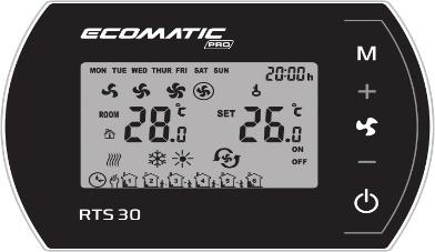 RTS30 Programmering av temeratur modus med nøyaktighet o til 0,5 C. Automatisk og manuell modus for kontroll av rotasjonshastigheten tre-trinns AC-fan. Uke rogrammering 5 + 1 + 1.