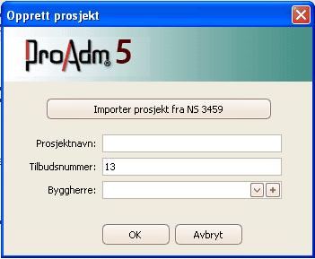 1) Har du en fil i NS3459 format (XML), så kan du klikke på knappen "Importer prosjekt fra NS3459", velg xml filen og importer.