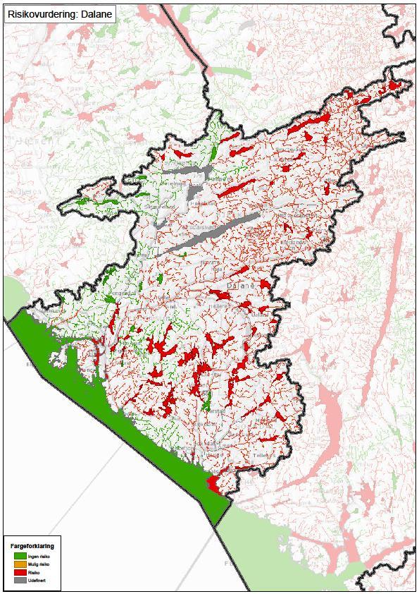 Figur 60: Kartframstilling av risikobildet for overflatevann i Dalane vannområde.