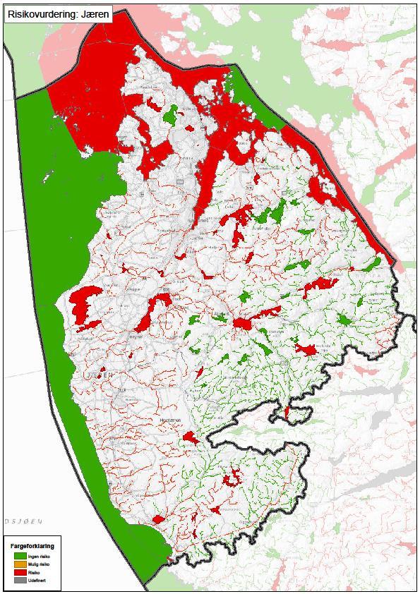 Figur 62: Kartframstilling av risikobildet for overflatevann i Jæren vannområde.