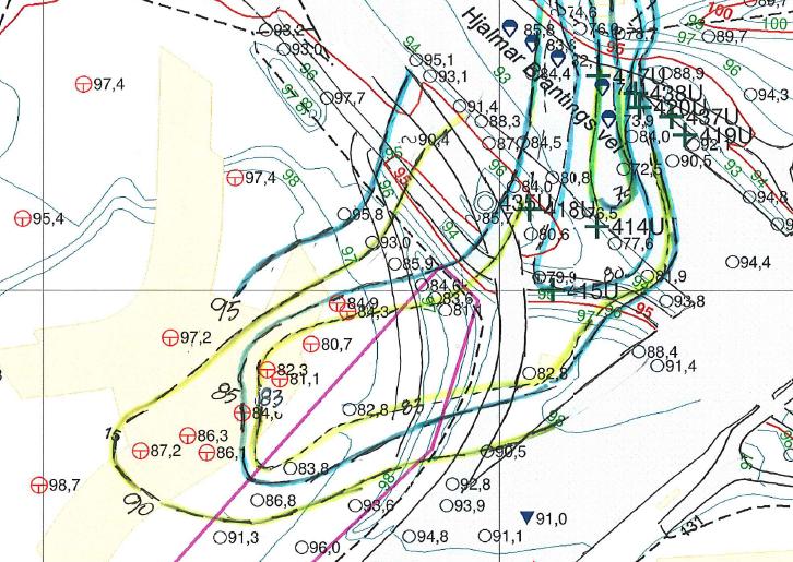 2.5 Dybder til berg I Figur 2-10 er bergoverflaten skissert med 5-meters koter (samt at kote +83 har lurt seg inn).