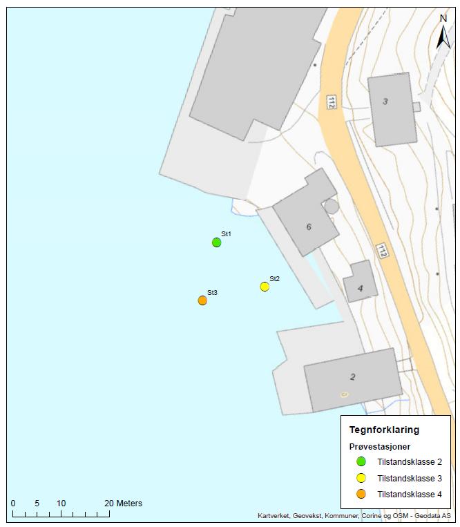 Hurtigbåtkai Akkarfjord Miljøundersøkelse av sjøbunnsedimenter multiconsult.no 3 Resultater Figur 3-1 viser prøvestasjoner med høyeste påviste tilstandsklasse av alle analyserte stoffer markert.