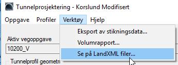 Og en med bare hvelv og langsgående linjer: Du kan se på LandXML filene i verktøyet Se på LandXML filer som du åpner fra tverrsnittsdialogen: Dialogen som åpnes er vist under.