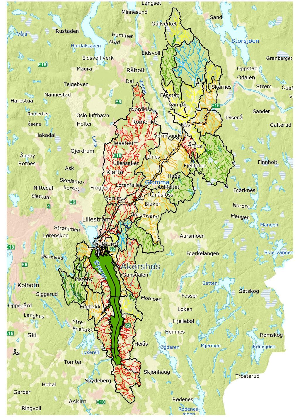 Figur 5 kart over økologisk tilstandsklasse for innsjø- og elvevannforekomstene i vannområdet.