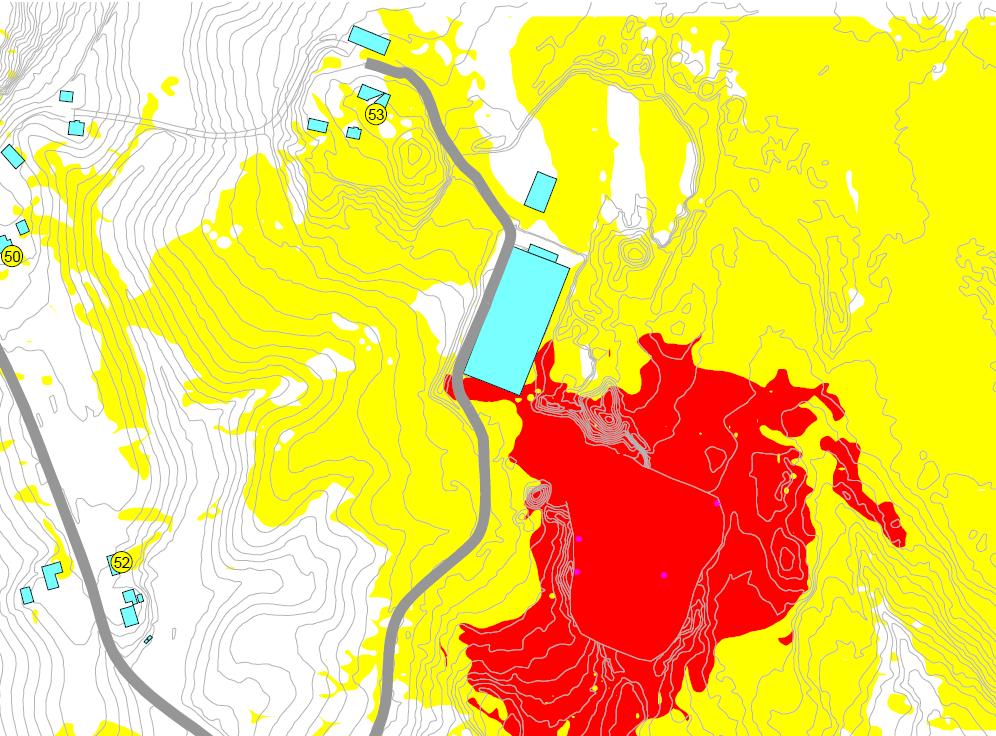 14 (16) STØYUTREDNING 5.1.2 Drift mandag-fredag, siste uthentingsfase. Figur 6. Støysonekart og fasadenivåer L den for drift mandag-fredag. Grenseverdier iht.