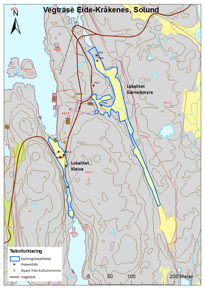 Figur 10 Oversyn over dyrkingslokalitetane Garnvikmyra og Kleiva I den sørlege delen av vegtrasèen vart