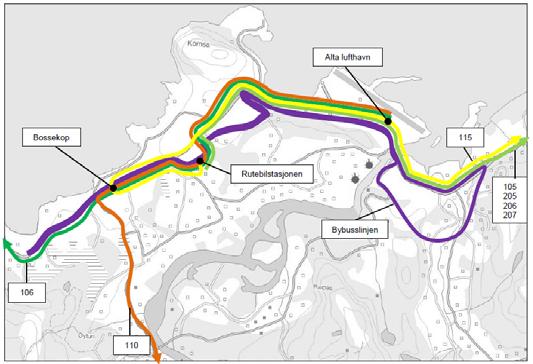 REGULERINGSPLAN FOR ALTA HANDELSPARK LOKALISERING 21 7.5 Busstilbud Dagens rutestruktur. I forhold til dagens rutestruktur, vil en etablering i Alta sentrum være den beste lokaliseringen.