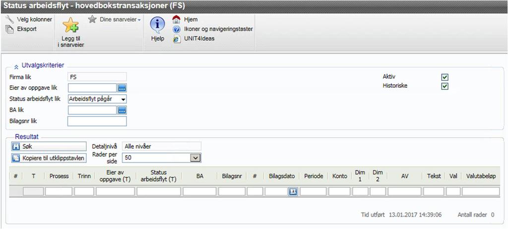 Status arbeidsflyt Klikk på Søk for å kjøre spørringen Du får opp en liste over bilag som er aktive i arbeidsflyt