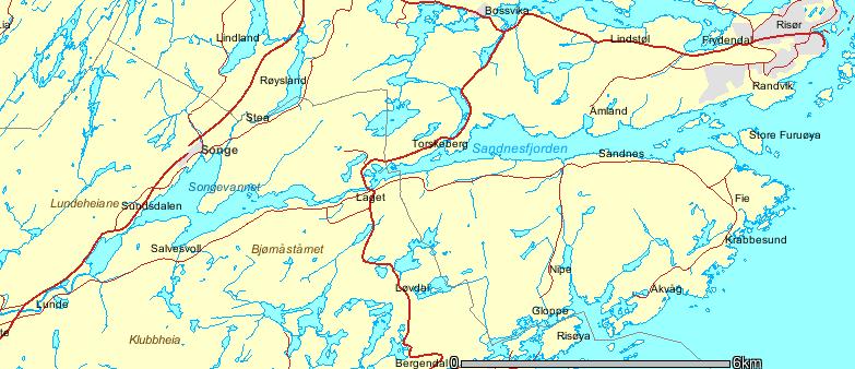 NIVA 6049 - Figur. Oversiktskart over forsøksområdet, fra Songevann i vest til munningen av Sandnesfjorden i øst. Storelva munner ut i Songevann, Figur 6. Songevann munner ut i Nævestadfjorden.