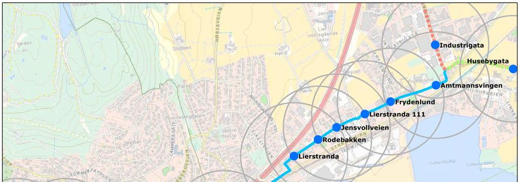 UTREDNING 117 (122) Figur 105 Dagens trase og stoppmønster. Det er kort avstand mellom holdeplassene. Holdeplassavstandene er som vist i tabellen under (avstandene kun omtrentlige, målt på kart).