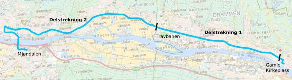 18 (122) UTREDNING 2. TRASE Traséen skal gå mellom Gamle Kirkeplass via Krokstadelva til Mjøndalen. Traseen er delt opp i to delstrekninger som vurderes i forhold til alternative traseer hver for seg.