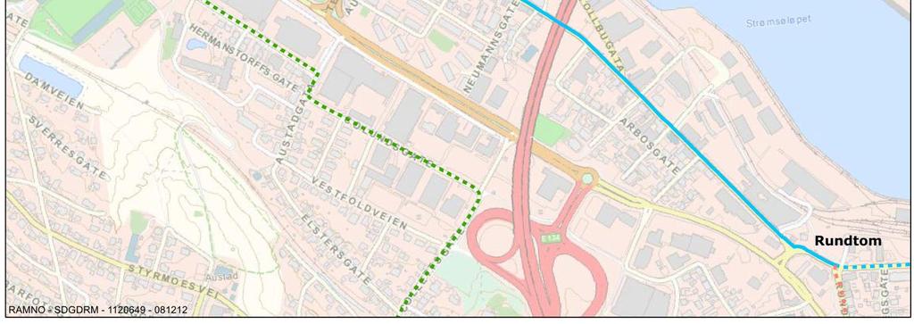 UTREDNING 31 (122) 1. REGISTRERING Den prioriterte strekningen går fra Strømsø torg til Rundtomkrysset. Traseen går i Tordenskioldsgate og over i Tollbugata fram til Rundtom. Strekningen er ca.