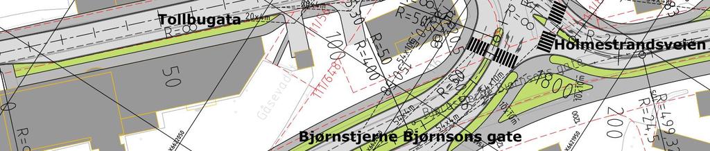 De to kryssene Bjørnstjerne Bjørnsons gate Holmestrandsveien og Tollbugata Havnegata er slått sammen til ett stort x-kryss som skal lysreguleres.