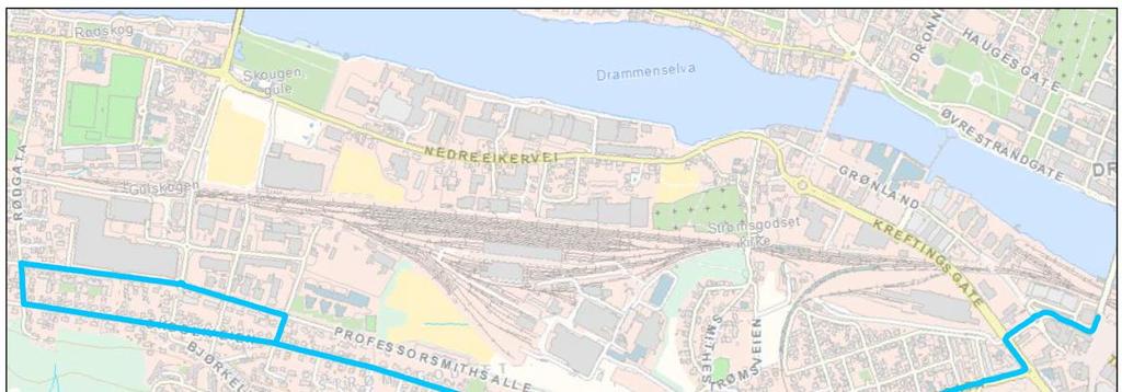 46 (122) UTREDNING 1. REGISTRERING Den prioriterte strekningen går fra Drammen sentrum via Konnerudgata til Gulskogen.