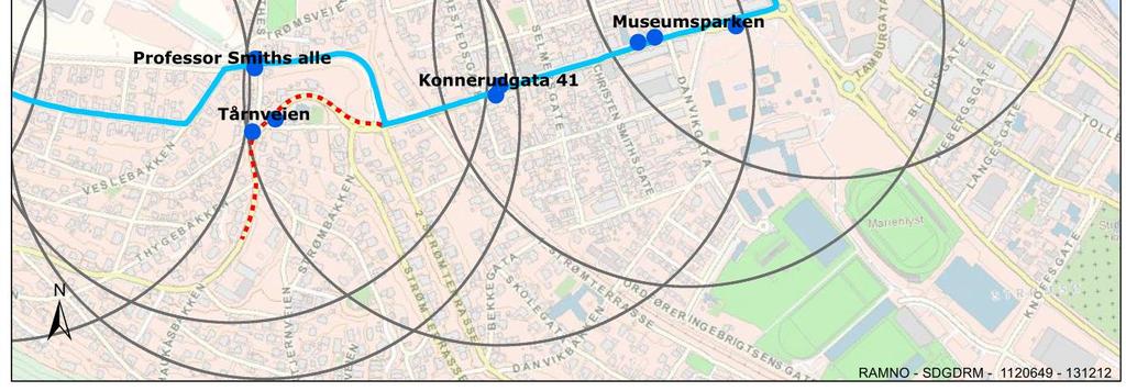 1 Delstrekning 1 - Konnerudgata Det er i dag fire holdeplasser fra og med Strømsø torg til Sundland. De fordeler seg på strekningen som vist i kartet under.