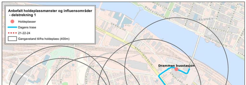 54 (122) UTREDNING Holdeplassavstandene er som vist i tabellen under (avstandene kun omtrentlige, målt på kart).